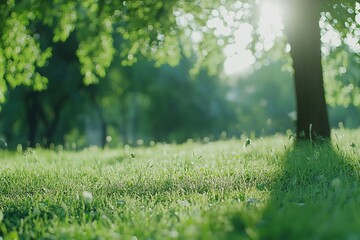 Wall Mural - Green grass with trees and sun rays in the park