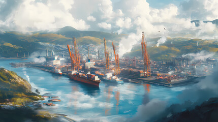 Wall Mural - Aerial view of a busy shipyard with large cranes, cargo ships, and a serene harbor surrounded by hills and clouds. Serene Harbor. Illustration