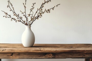 Wall Mural - Elegant white vase with cherry blossom branches on wooden table in soft sunlight