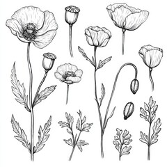 Wall Mural - Hand-drawn contour illustrations of white poppies in a linear style, isolated on a white background. Collection of white poppies. Contemporary illustration