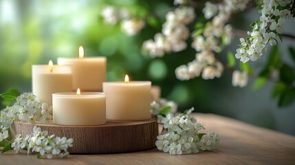 Poster - Tranquil setting with blooming cherry blossoms and lit candles on a rustic wooden surface