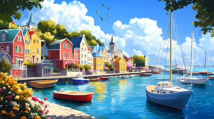 Wall Mural - A picturesque harbor featuring colorful boats, serene waters, and vibrant buildings under a bright blue sky, creating a charming coastal scene. Serene Harbor. Illustration