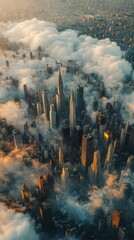 Wall Mural - Majestic skyline of New York City enveloped in clouds during sunrise