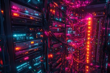 Poster - Server racks with colorful cables and lights illuminating data center
