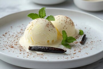 Wall Mural - Delicious vanilla ice cream decorated with mint and cocoa powder on white plate