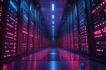 Poster - Server Room with Neon Lights illuminating Corridor in Data Center