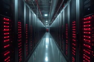 Poster - Server racks emitting red light illuminating modern data center corridor