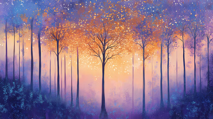 Canvas Print - Glowing forest at dusk with tall trees light up by soft ethereal glow, shimmering leaves, glowing trees, tree of life. Shimmering Forest. Illustration