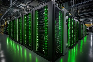 Poster - Modern supercomputers with flashing green lights processing big data in server room