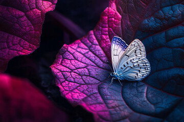 Wall Mural - white butterfly on vibrant purple leaf in nature macro photography