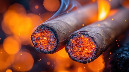 Burning cigars, fire bokeh, close-up, luxury