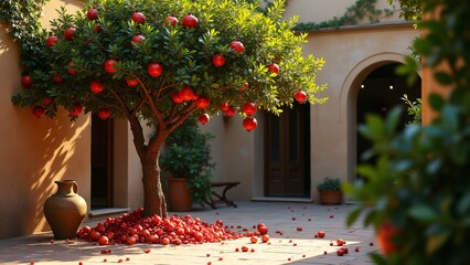 Wall Mural - A pomegranate tree with vibrant red fruits and glossy green leaves, set in a rustic Mediterranean courtyard with terracotta tiles and stone walls.