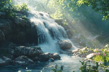 Wall Mural - Stream of water flowing down in the forest with sun rays