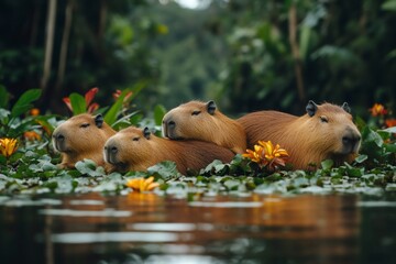 Wall Mural - Capybaras relaxing on aquatic plants in the Amazon Rainforest