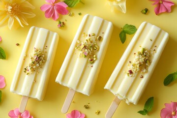 Wall Mural - Creamy lemon popsicles with chopped pistachios lying on yellow surface decorated with flowers