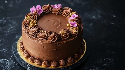 A romantic chocolate cake with edible gold details and intricate frosting patterns, isolated on a black marble surface