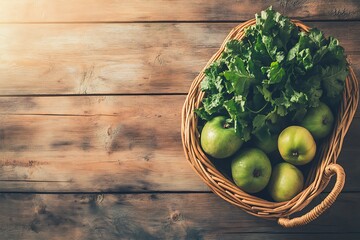 Wall Mural - Fresh Green Apples and Vegetables in a Rustic Basket