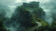 © Mufarokah - Stone path leads to ruins on a hill with foggy forested background, use for fantasy book or game