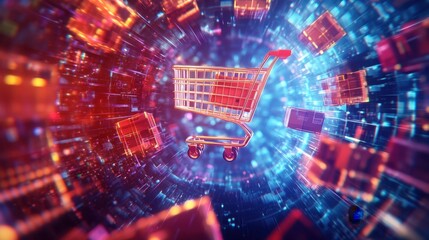 Wall Mural - golden shopping cart flying through a digital tunnel with packages representing the concept of onlin