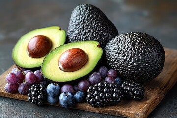 Wall Mural - Fresh avocados and assorted berries on a wooden surface.