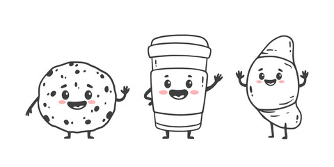 Wall Mural - set of cartoon food characters isolated on white. Cup of coffee croissant and cookie in doodle style. 