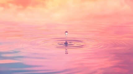 Wall Mural - A serene water droplet creates ripples on a pink and orange reflective surface.