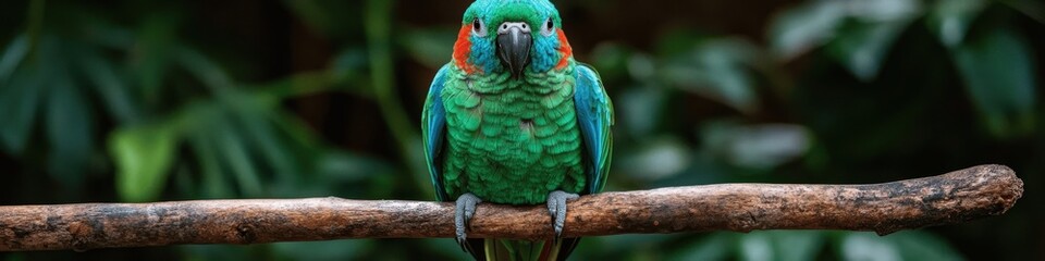 Naklejka na meble Vibrant Green Parrot Perched on Branch in Lush Tropical Forest: Stunning Close-Up of Colorful Plumage and Natural Habitat in Wildlife Photography