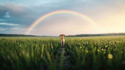 A dog walks through a lush green field under a vibrant rainbow, capturing a serene and joyful moment in nature.