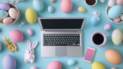 Wall Mural - A laptop rests amidst colorful Easter eggs and a cup of coffee, blending technology with festive springtime decor.