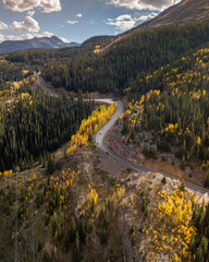 a stunning aerial view of a winding mountain road surrounded by autumn colors and evergreen trees, c
