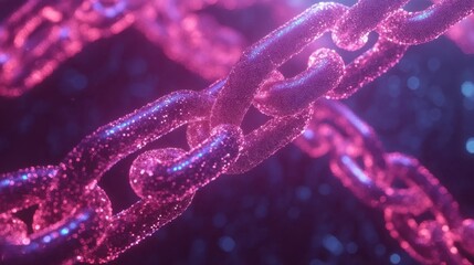 Wall Mural - glowing pink and blue particles intertwine to form a chain in a dark digital realm, symbolizing conn
