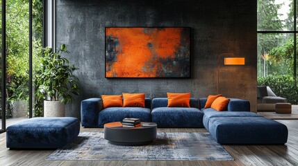 A dark blue sofa and recliner chair in a Scandinavian-style modern living room interior design