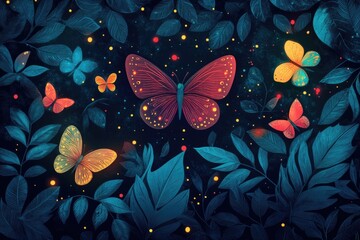 A striking artistic representation of colorful butterflies fluttering among dark foliage, evoking feelings of mystery and the enchanting side of nature.