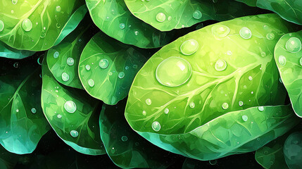 Wall Mural -  Green leaves with water drops in center against black background
