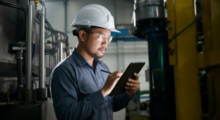 Wall Mural - Man wearing a hard hat and safety glasses is writing on a tablet