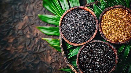 Wall Mural -   Three wooden bowls filled with varied seeds and greenery on a brown base