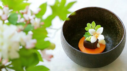 Wall Mural -   A bowl holds a small piece of food near a vase adorned with flowers