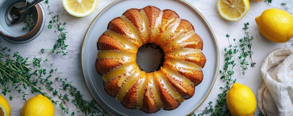 Canvas Print - Earl grey cake with lemon glaze on a round table surrounded by fresh lemon and thyme