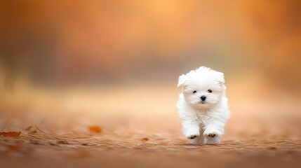    A small white dog runs across a leaf-covered ground with fall leaves scattered on it The background is blurry