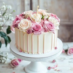 Wall Mural - Gorgeous birthday cake decorated with roses and placed on a vintage white table 