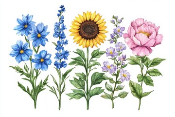 Wall Mural - A bouquet of vibrant wildflowers featuring lilacs, lilies, sunflowers, and cornflowers, perfect for watercolor floral card and design elements