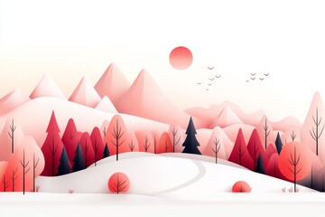 Poster - A clean illustration of a sunrise over a hill, drawn with bold, simple lines and soft gradients in warm colors