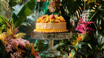 Canvas Print - Mango passionfruit cake on a glass table surrounded by tropical blooms and vibrant greenery