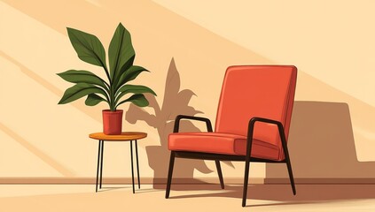 Wall Mural - A Scandinavian-style illustration featuring a continuous line drawing of an armchair, table, and a plant in a vase