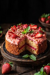 Canvas Print - Strawberry rhubarb cake on a wooden table with fresh strawberries and mint leaves