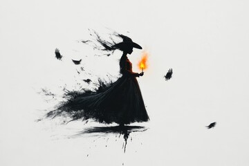 Poster - A flat 2D depiction of a dark, stormy night with a lone figure holding a flickering candle, their silhouette trembling slightly, set on a white canvas