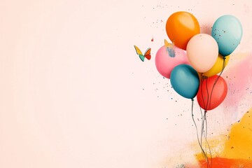 Poster - A flat illustration of balloons in bright colors floating upward, symbolizing celebration and joy, set against a soft pastel background
