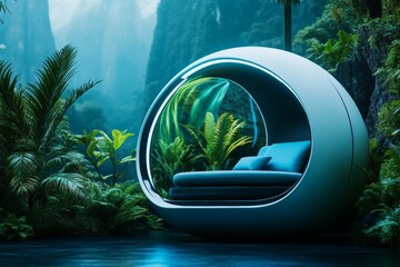 Poster - A futuristic meditation pod glowing softly with ambient blue light, floating in a quiet space with holographic visuals of serene nature surrounding it