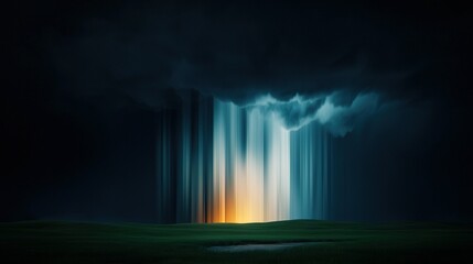 Wall Mural - a painting depicts a tall column of light amidst a dark sky, set against a field