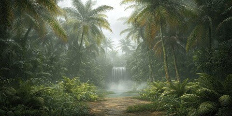 Canvas Print - Lush Tropical Jungle Pathway with Dense Palm Trees and Misty Atmosphere in Exotic Forest Landscape, Serene Nature Scenery Perfect for Relaxation and Exploration